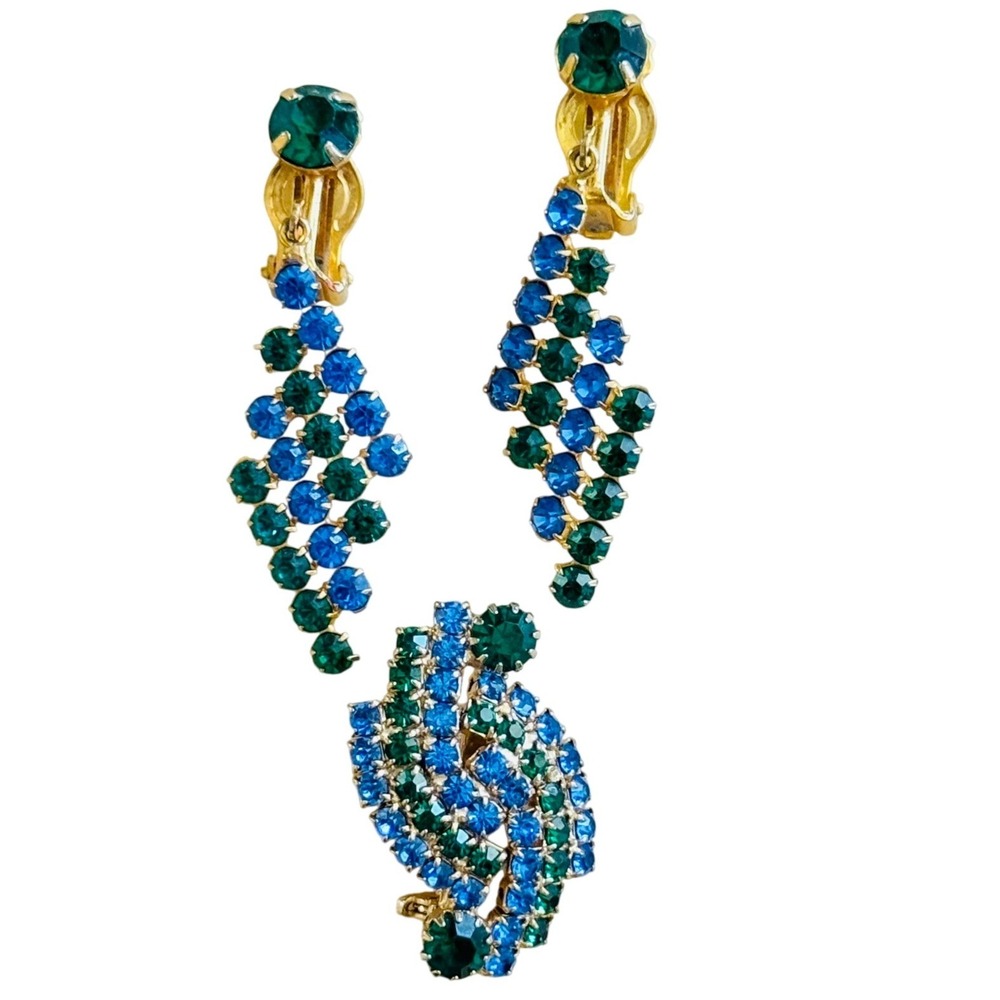 VTG Green Blue Matching Set Brooch Pin Earrings Austrian Rhinestone Retro 50s